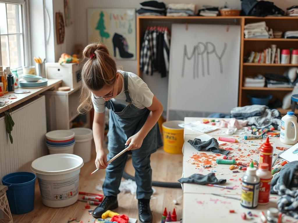 Уборка после творческого беспорядка (краски, глина, клей). Работа с одеждой и текстилем Уборка после творческого беспорядка (краски, глина, клей). Работа с одеждой и текстилем